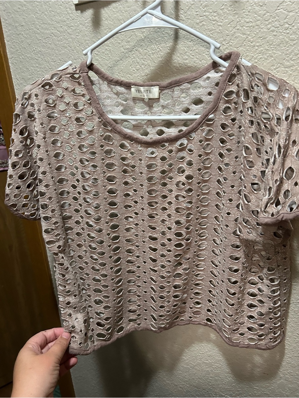 Yelete Openwork Short Sleeve Crop Top in Mauve